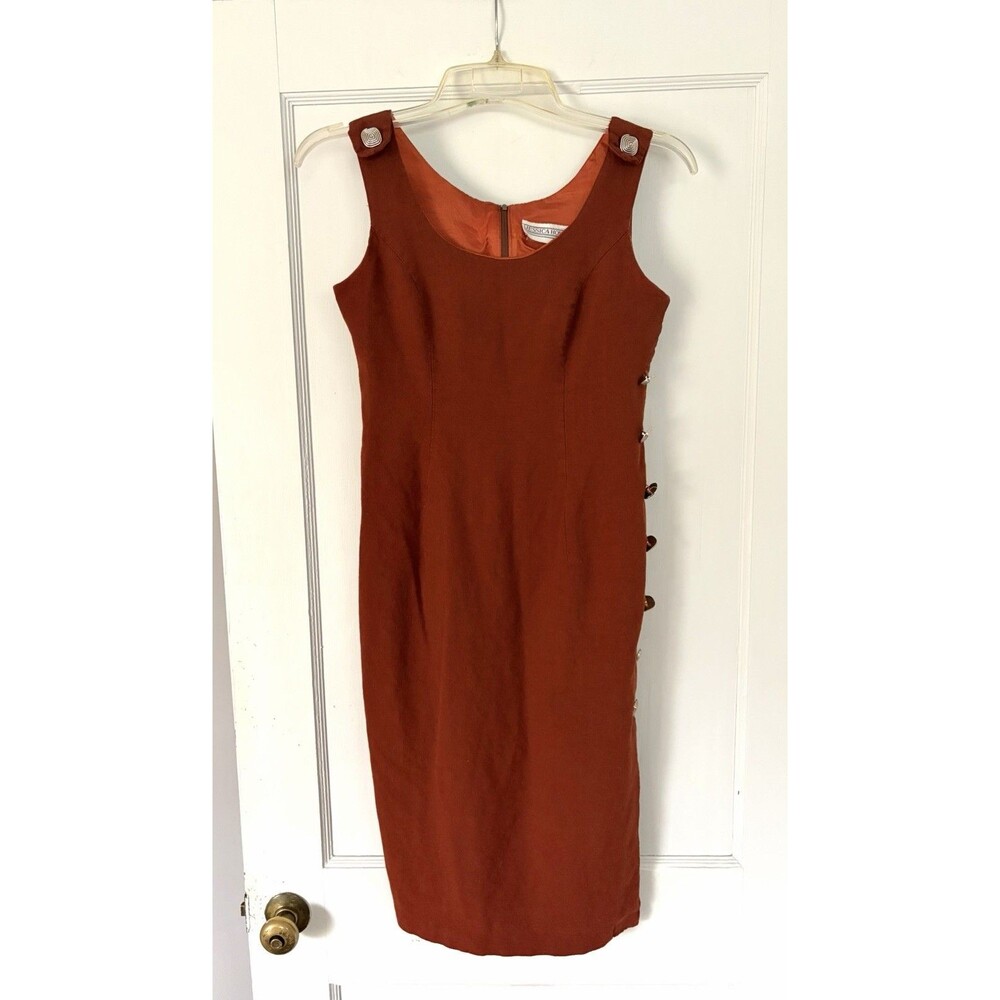 Vintage 90s Jessica Howard Linen? Rust Artsy Button Side Sheath Midi Dress Small